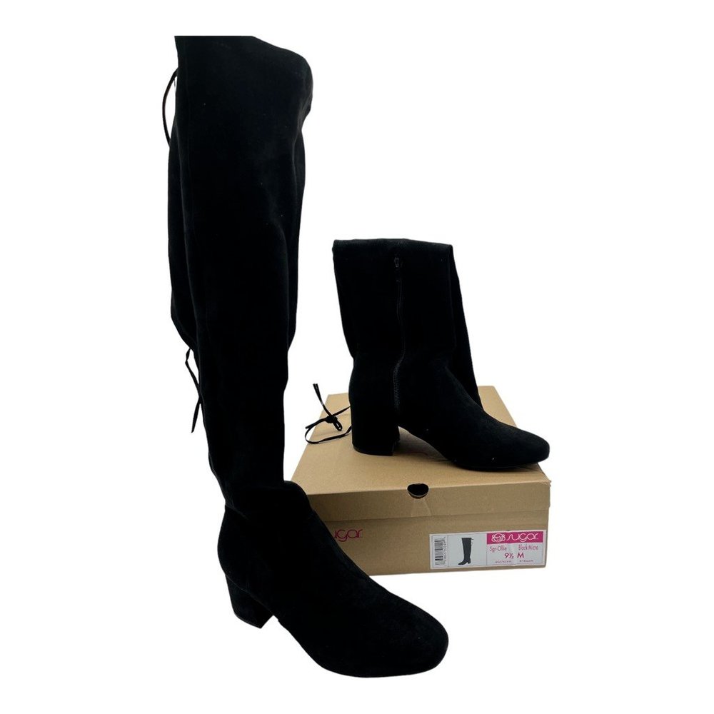 Sugar Womens Ollie Riding Boots Black Fabric Straps Over Knee Zip‎ 9.5 M New